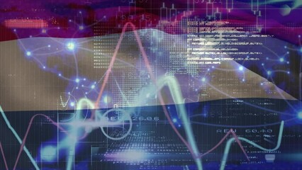 Animation of financial data processing and connections over flag of netherlands - Powered by Adobe