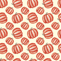 Watercolor seamless pattern pumpkins, autumn harvest background. 