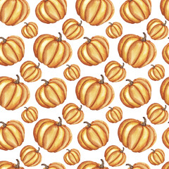 Watercolor seamless pattern pumpkins, autumn harvest background. 