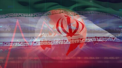 Animation of financial data processing with red line and globe over flag of iran - Powered by Adobe