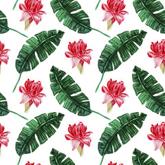 Watercolor seamless pattern with palm leaves, flowers, summer bright background.