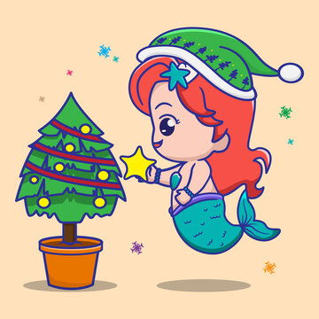 cute mermaid decorating  christmas tree, for kids fashion artworks, children books, greeting cards.	