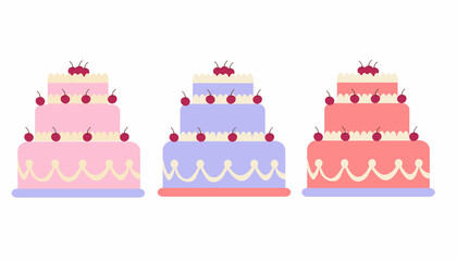 Three-tiered cake with fresh cherries. On a tray. Color image on a white background