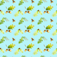 Seamless pattern of watecolor Oak Tree Branch, Green Leaves and Acorns isolated on a blue background. Hand drawn