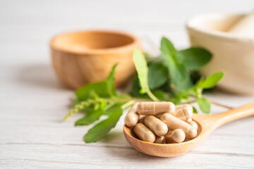 Alternative medicine herbal organic capsule drug with herbs leaf natural supplements for healthy...