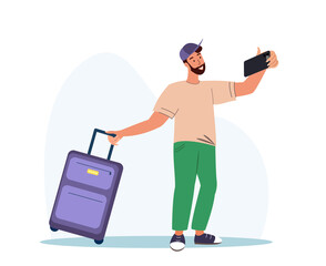 Business Trip,Travelling Concept.Bright,Happy Man with Suitcase Taking Selfie Photo.Male Tourist Character,Luggage Boarding on Airplane,Adult Traveler,Passenger.Cartoon Flat Vector Illustration