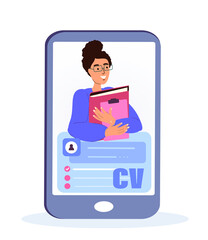 Recruitment and Choosing Candidate Concept.Seeker Characters Having an Interview,Job Applicant in Smartphone Screen.Waiting Appointment with CV in Hands.Working Employment Process. Vector Illustration