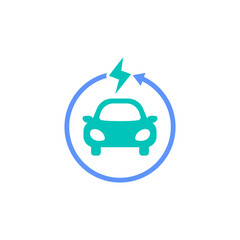electric car full battery charging progress icon vector illustration. ev vehicle with rotating energy voltage symbol graphic design.