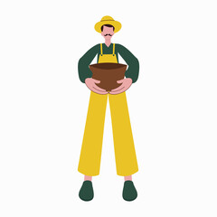 Cartoon Farmer Man Holding Pot In Standing Pose Against White Background.