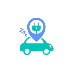 electric car running out of battery energy need charging spot station location icon vector illustration. EV vehicle sleep mode with pin map symbol graphic design.