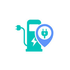electric car battery energy charging spot location icon vector illustration. volt terminal pin map point and plug in cable symbol graphic design.