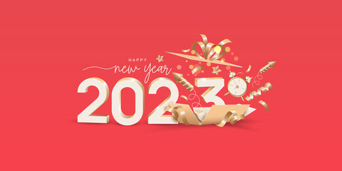 Fototapeta na wymiar Happy new year 2023 with golden number on open gift box