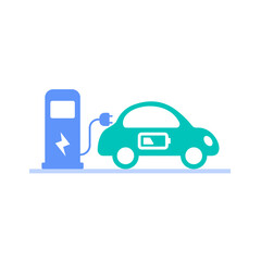 electric car charging battery on the energy refuel terminal station icon vector illustration. ev vehicle with plug in cable and charge spot symbol graphic design.
