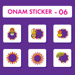 Sticker Style Onam Icon Collection On Purple Background.