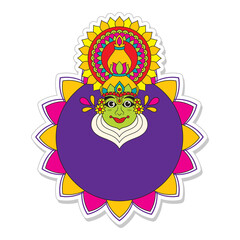 Sticker Style Kathakali Dancer Face With Empty Mandala Frame On White Background.