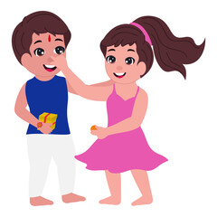 Cute Sister And Brother Celebrating Festival Of Raksha Bandhan On White Background.