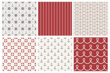 Vector Nautical Seamless Pattern Set. Sea, Marine Backgrounds. Seamless Texture, Hand Drawn Nautical Anchors, Marine Wheels, Ropes, Lifebuoys. Design Template for Textile, Wallpaper, Print