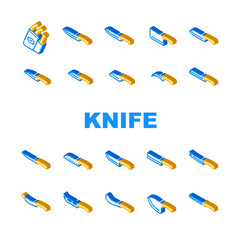 Kitchen Knife For Cutting Food Icons Set Vector. Chef Kitchen Knife For Cut Meat Fillet And Tomatoes, Bread And Pizza, Nakiri For Vegetables And Fruits. Cooker Sharp Blade Equipment Color