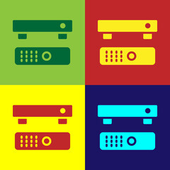Pop art Multimedia and TV box receiver and player with remote controller icon isolated on color background. Vector