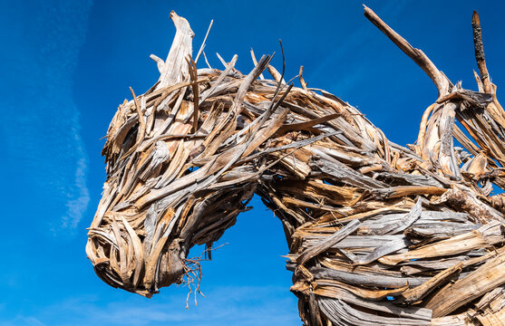 Drago Vaia (Vaia Dragon). The sculpture is the work of the artist Marco Martalar. Lavarone, Alpe cimbra, Trentino Alto Adige, northern  Italy.