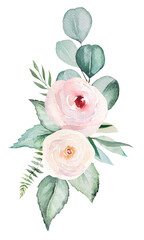 Watercolor light pink flowers and green leaves bouquet, pastel arrangement illustration
