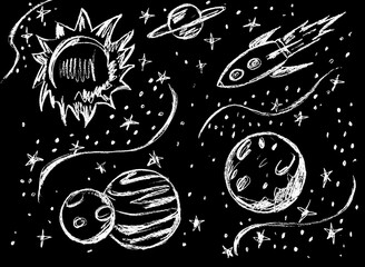 Naklejka premium Space with a flying rocket to the moon, white image on a black background