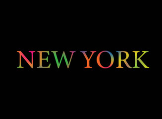 Rainbow filled text spelling out New York with a black background 