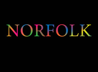 Rainbow filled text spelling out Norfolk with a black background 