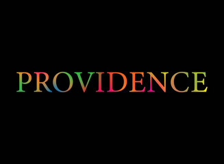 Rainbow filled text spelling out Providence with a black background 