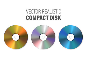 Vector 3d Realistic Multicolor, Golden, Silver, Blue CD, DVD Set Closeup Isolated. CD Design Template for Mockup, Copy Space. Compact Disk Icon, Top View