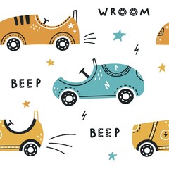 Vector hand-drawn seamless children's pattern with cute racing cars on a white background. Children's texture for fabric, packaging, textiles, wallpaper, clothing. Scandinavian design.