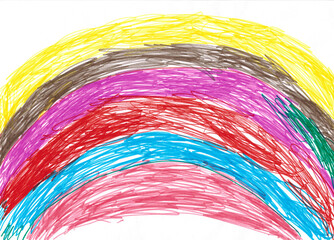 Rainbow, kids drawing with markers on white background