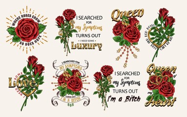 Set of vintage labels with red roses, golden dollar sign, chains with rhinestones, text, quotes. Bright vector illustration. T-shirt design.