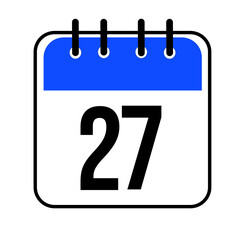 Calendar day 27. Number twenty seven on a white paper with blue border isolated on white background. Vector ilustration.