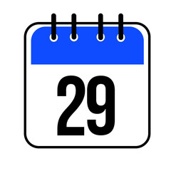 Calendar day 29. Number twenty nine on a white paper with blue border isolated on white background. Vector ilustration.