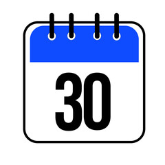 Calendar day 30. Number thirty on a white paper with blue border isolated on white background. Vector ilustration
