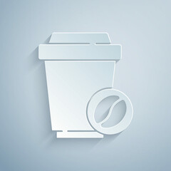 Paper cut Coffee cup to go icon isolated on grey background. Paper art style. Vector