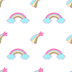 Star with a tail and rainbow with clouds on seamless pattern. Vector cartoon illustration