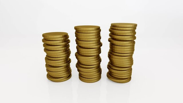 3D animated golden coins stacking in 3 parts on white background. Camera zooming out. 3D render.