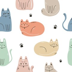 Hand-drawn seamless pattern with cute cats on a white background in Scandinavian style. Baby texture for fabric, wallpaper, clothes and room.