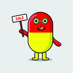 Cute cartoon capsule medicine character holding sale sign designs in concept flat cartoon style