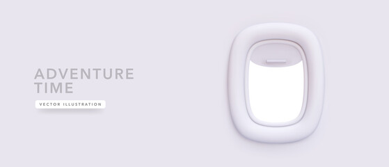 Airplane window in 3d realistic style isolated on light pastel background. Vector illustration