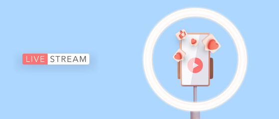 Live stream in 3d realistic style with phone on tripod, light bulb, social icons. Vector illustration