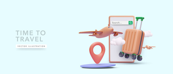 3d realistic phone with airplane, suitcase, clouds, pointer. Vector illustration © bs_k1d
