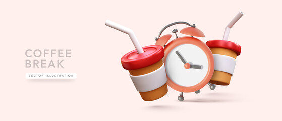 Coffee cup with alarm clock in 3d realistic style. Vector illustration - obrazy, fototapety, plakaty