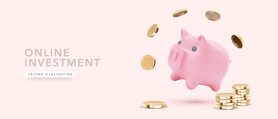Piggy bank with falling coins in 3d realistic style. Vector illustration