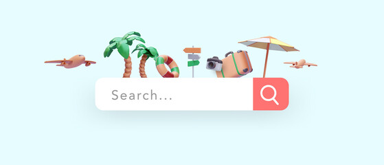 Searching for a place to rest vector illustration in 3d realistic style with airplane, palm tree, road sign, camera, suitcase, umbrella