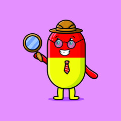 Cute cartoon character Capsule medicine detective is searching with magnifying glass and cute style design 