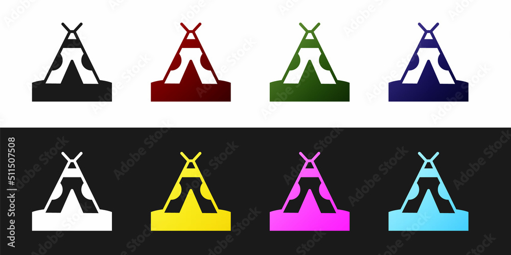 Poster set traditional indian teepee or wigwam icon isolated on black and white background. indian tent. ve