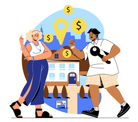 Property search concept. Man and girl with keys next to house or apartment. Young family invests savings, financial literacy and budget, analytics evaluate deal. Cartoon flat vector illustration